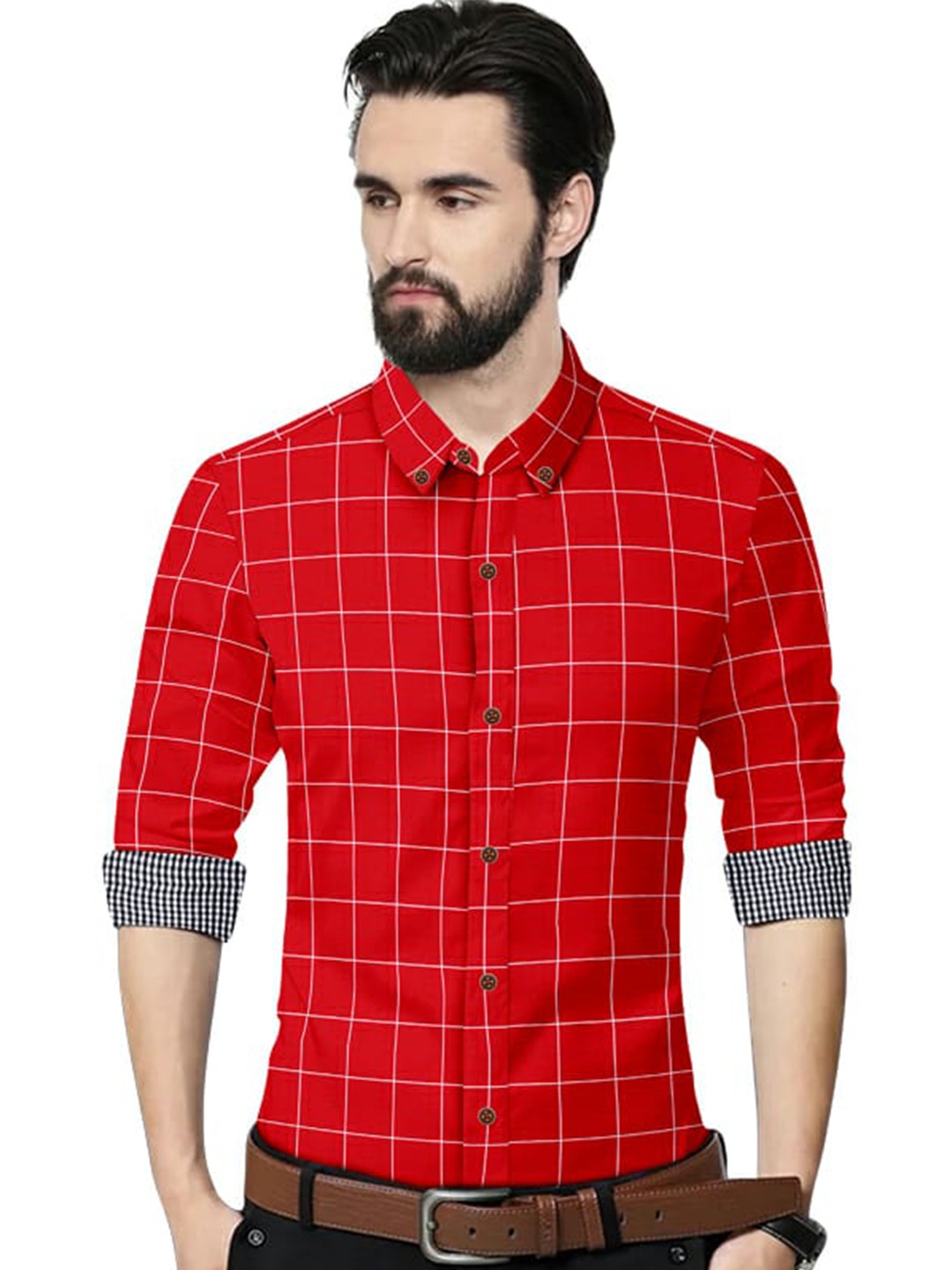 

ETHNIC TRENDZ Standard Windowpane Checks Twill Weave Pure Cotton Casual Shirt, Red
