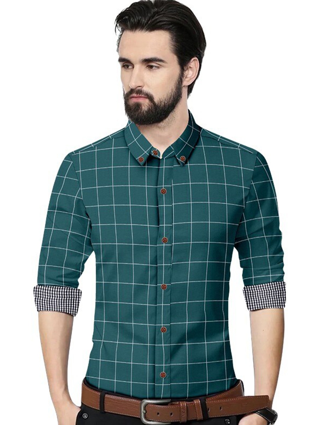 

ETHNIC TRENDZ Standard Checked Pure Cotton Formal Shirt, Green