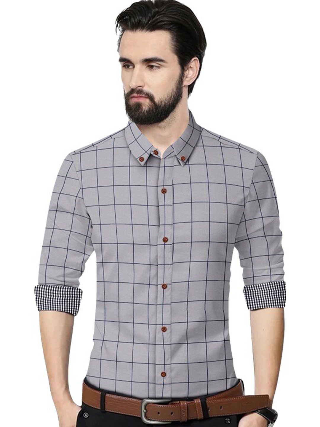 

ETHNIC TRENDZ Standard Windowpane Checks Twill Weave Pure Cotton Casual Shirt, Grey