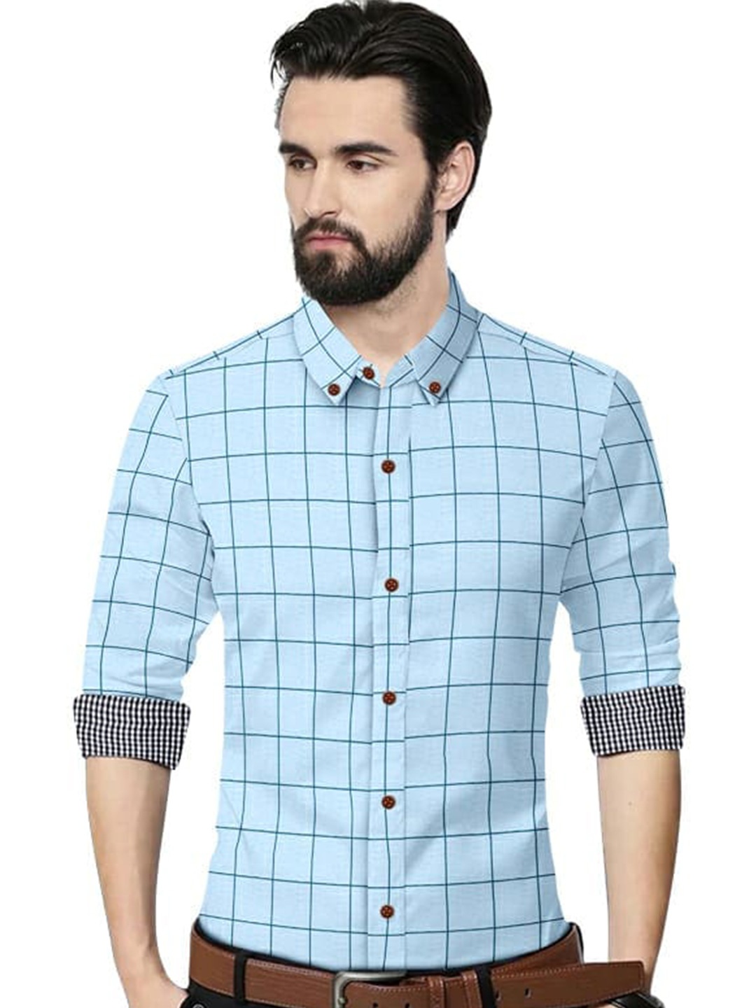 

ETHNIC TRENDZ Standard Windowpane Checked Pure Cotton Formal Shirt, Blue