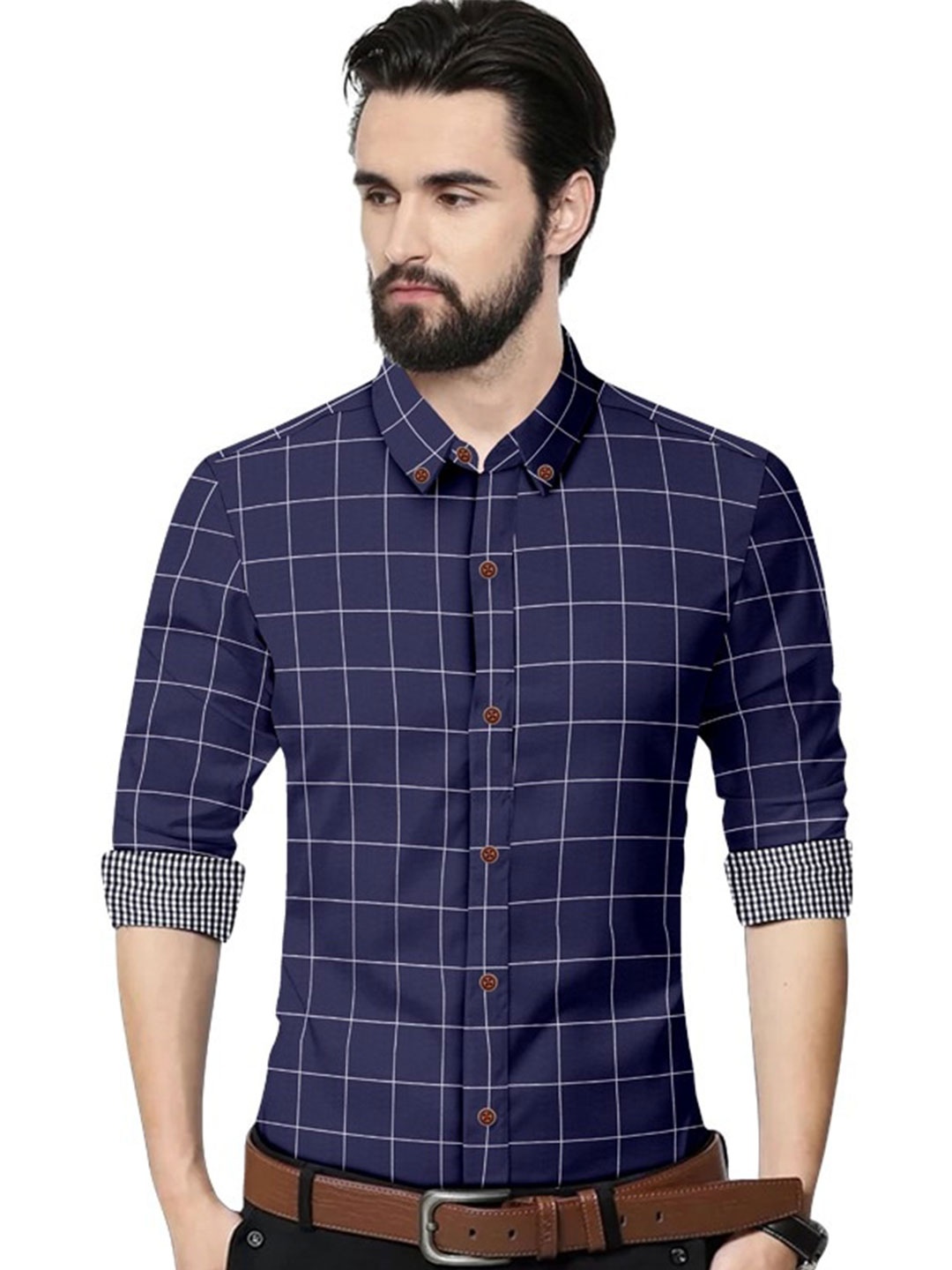 

ETHNIC TRENDZ Standard Windowpane Checked Pure Cotton Formal Shirt, Navy blue