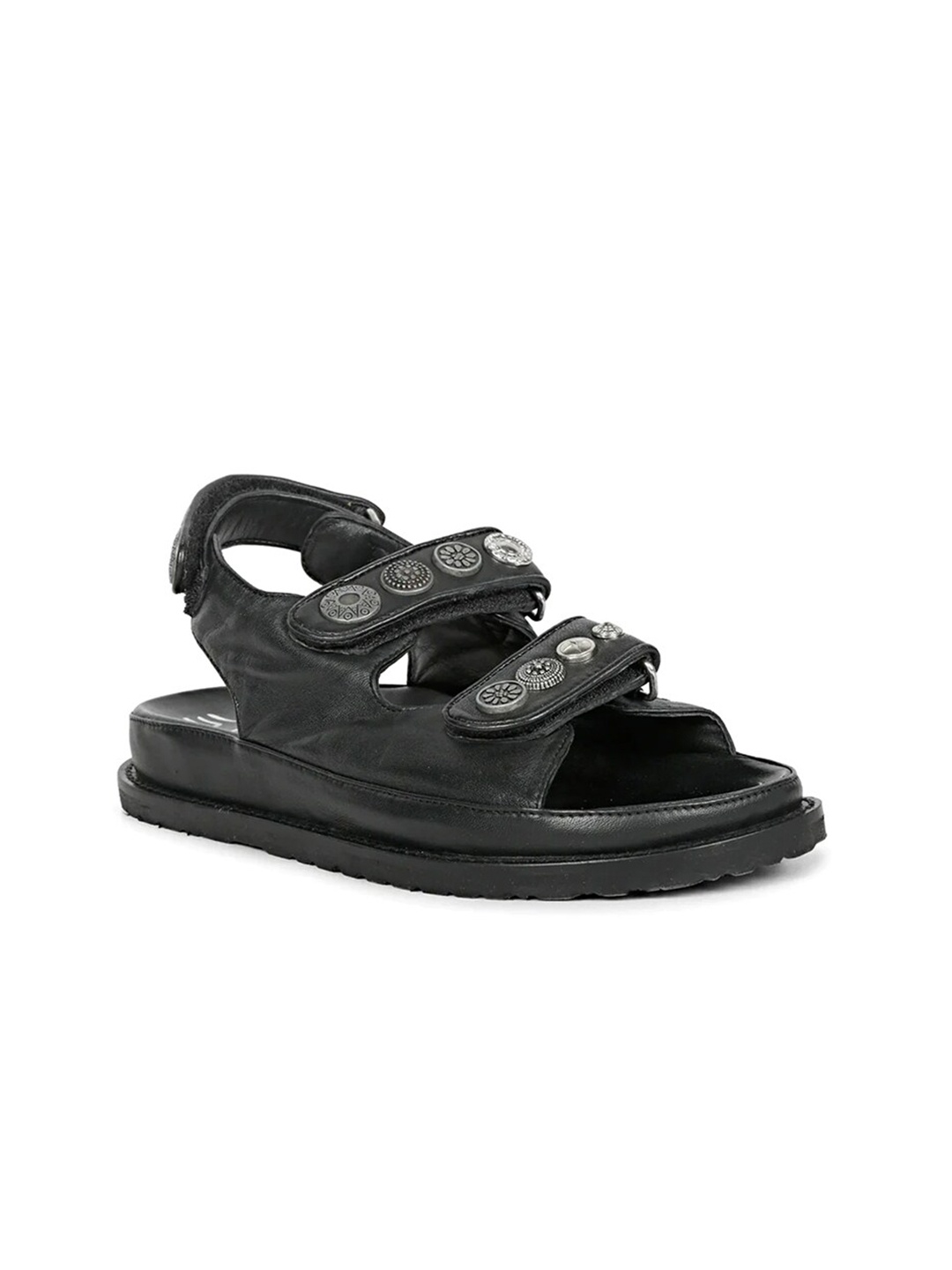 

Saint G Women Embellished Leather Open Toe Flats With Velcro Closure, Black