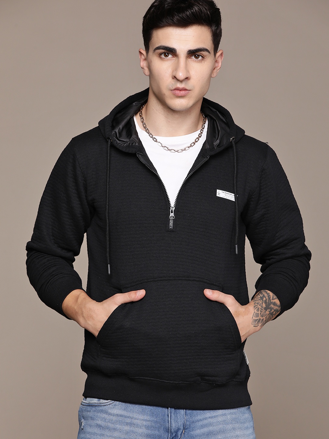 

The Roadster Lifestyle Co. Solid Brand Printed Hooded Half Zipper Sweatshirt, Black