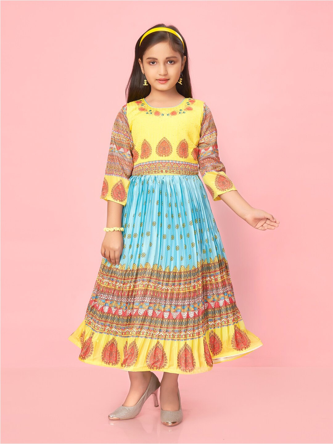 

BAESD Girls Ethnic Motifs Printed Maxi Dress, Turquoise blue