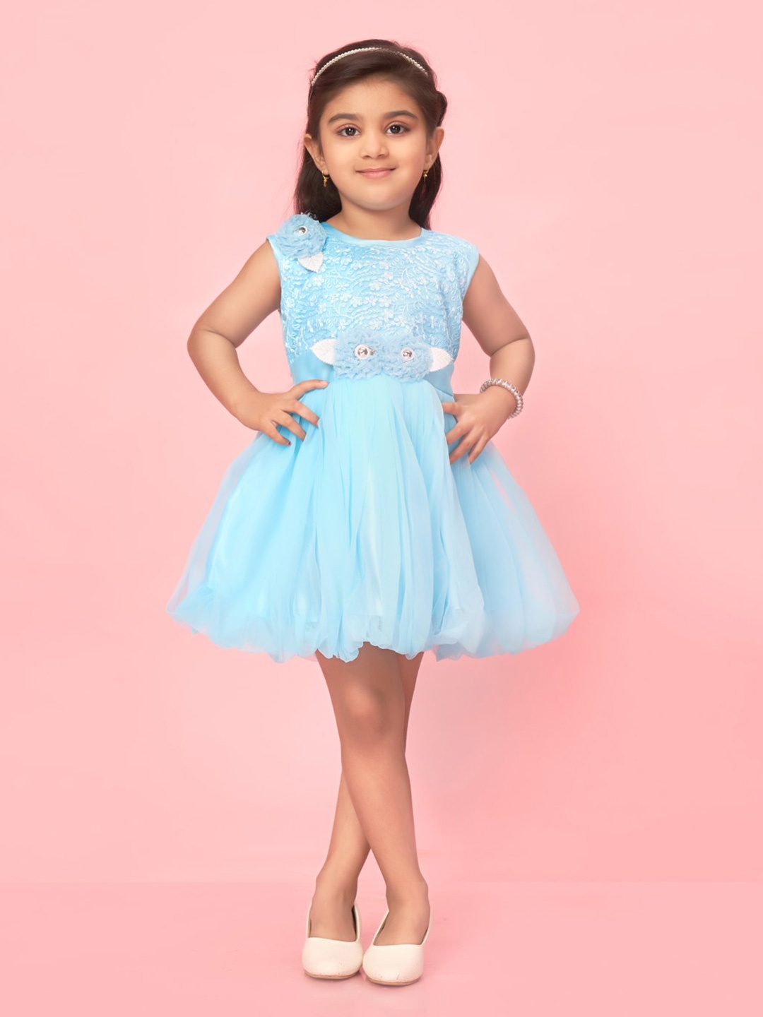 

BAESD Girls Self Design Bow Detail Net Fit & Flare Dress, Turquoise blue
