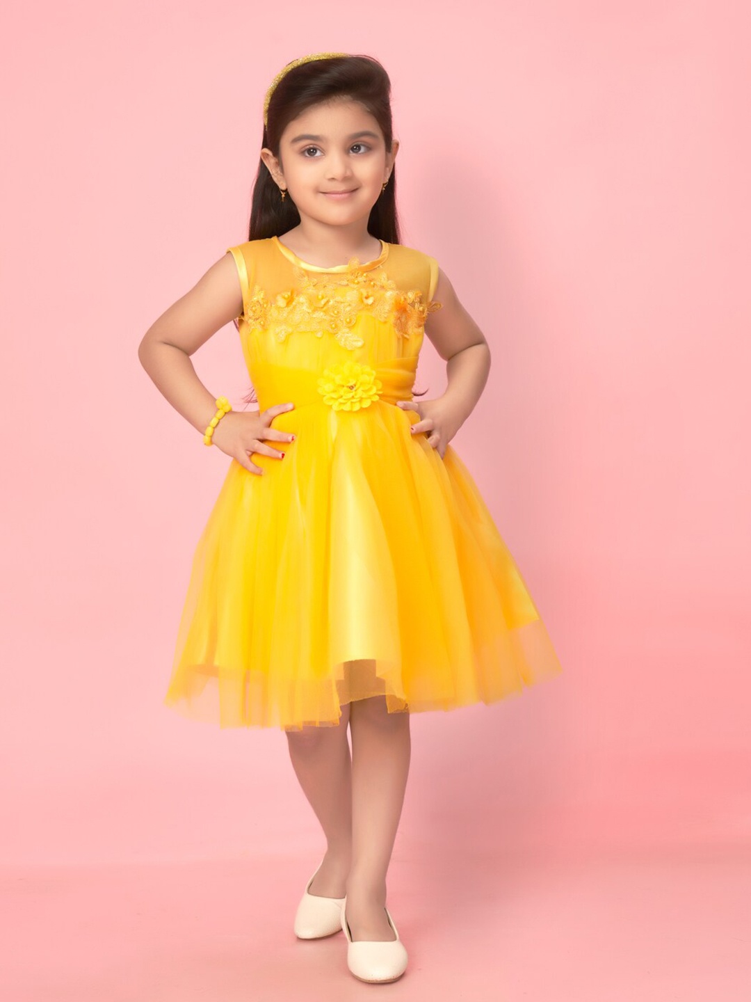 

BAESD Girls Round Neck Fit & Flare Dress, Yellow