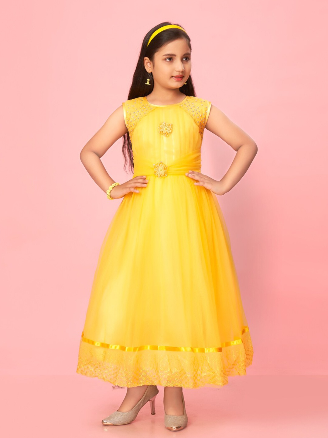 

BAESD Girls Embellished Net Fit & Flare Maxi Dress, Yellow