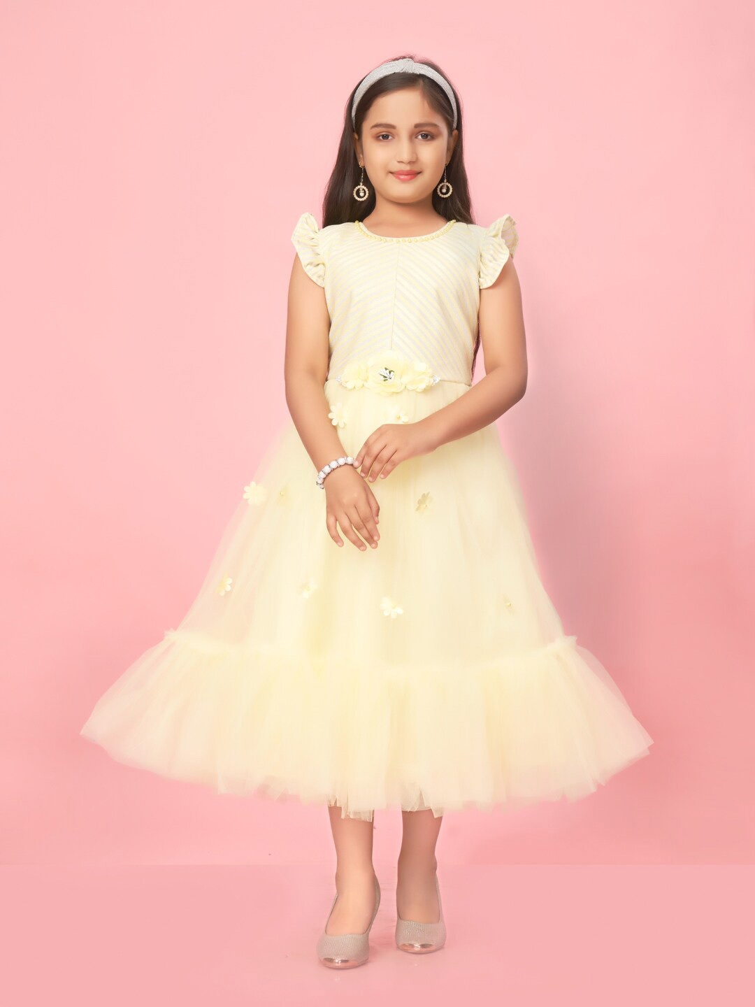 

BAESD Girls Embellished Net Flutter Sleeves Fit & Flare Midi Dress, Lime green