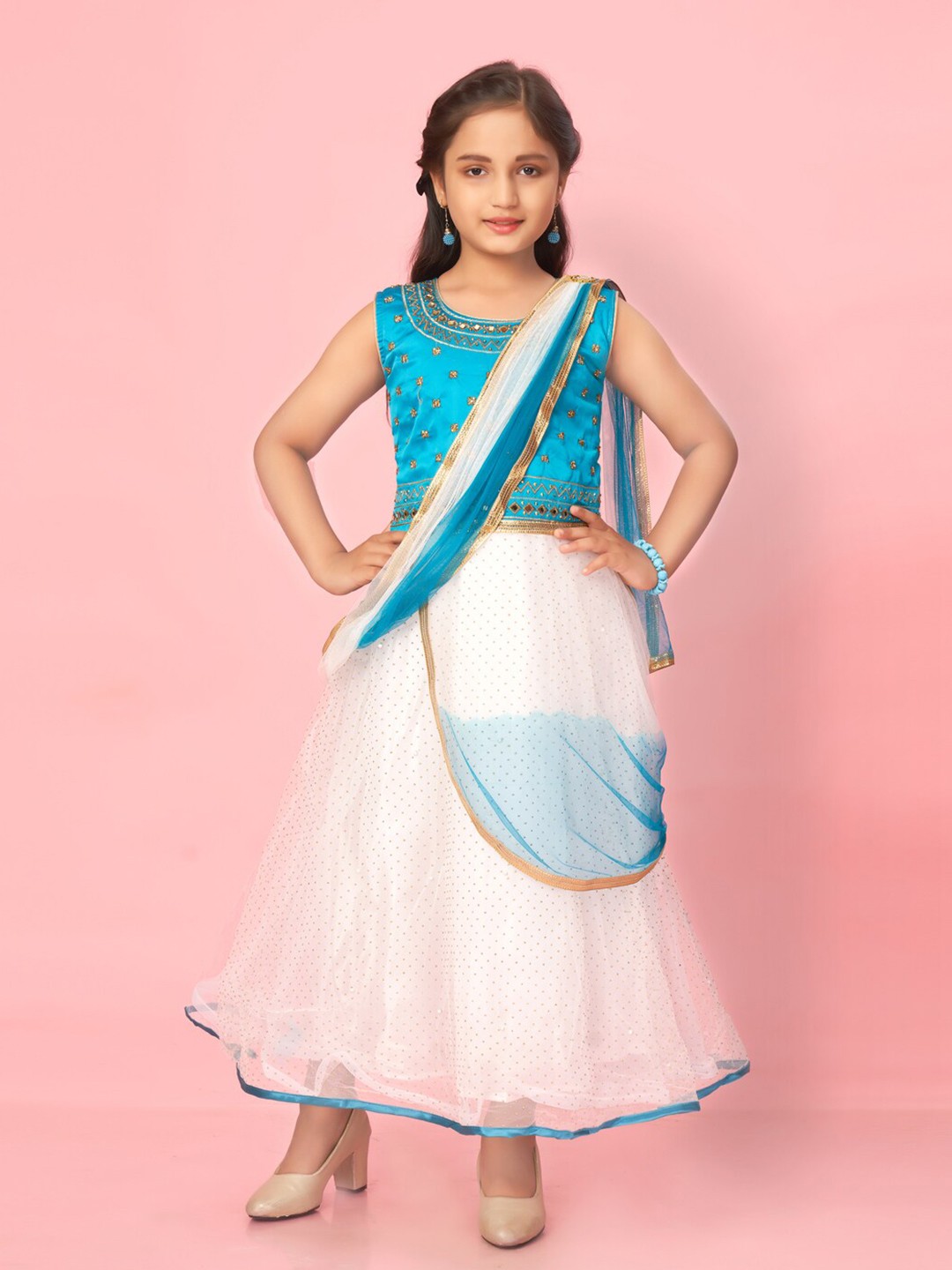 

BAESD Girls Embroidered Gown Maxi Dress With Dupatta, Turquoise blue