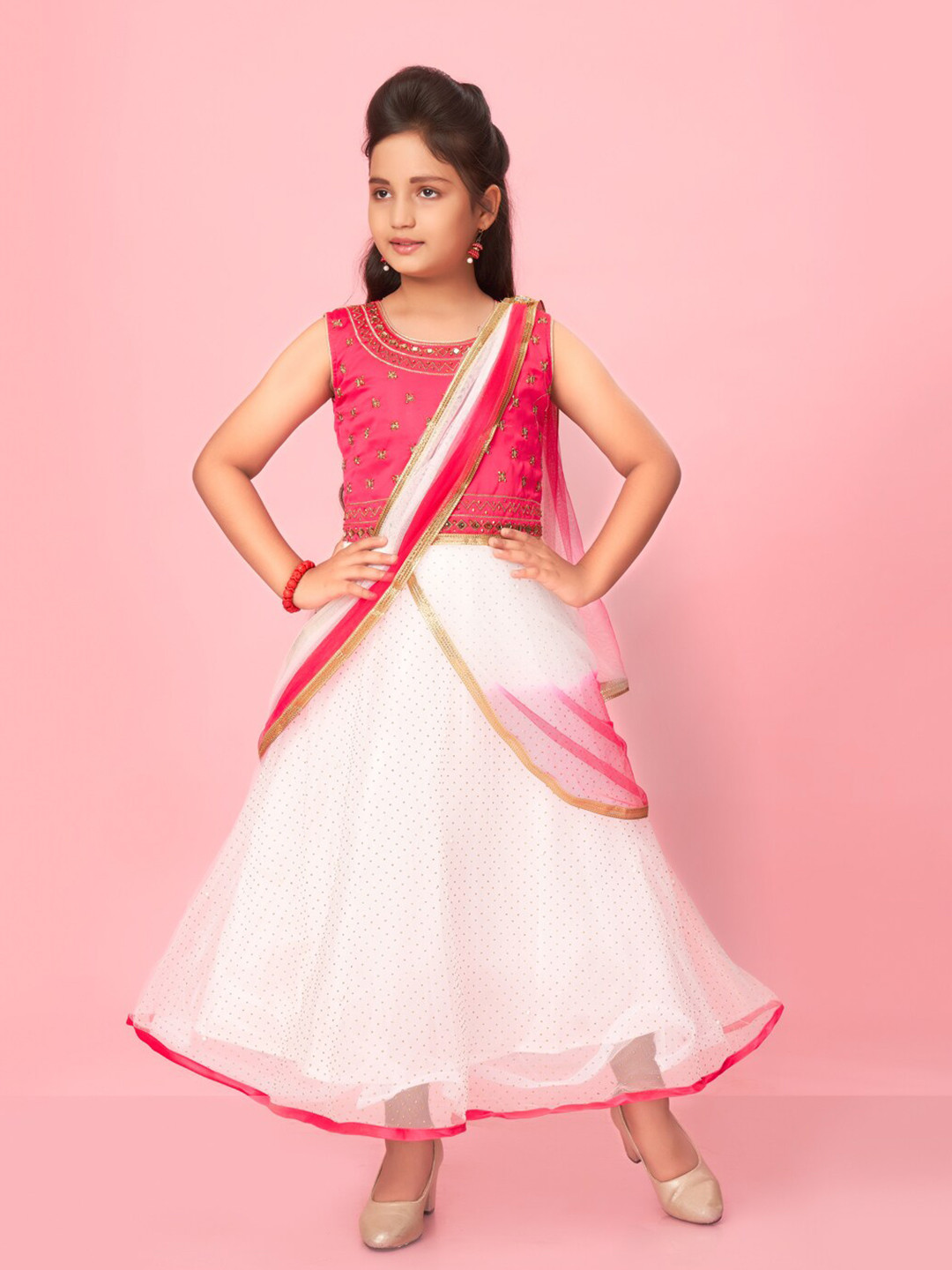 

BAESD Girls Floral Embroidered Sleeveless Net Maxi Dress, Pink