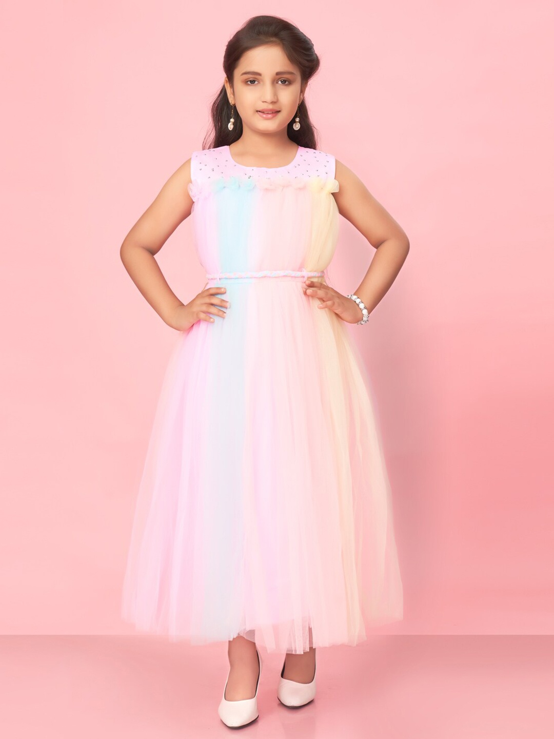 

BAESD Girls Beads Round Neck Belt Net Maxi Dress, Pink