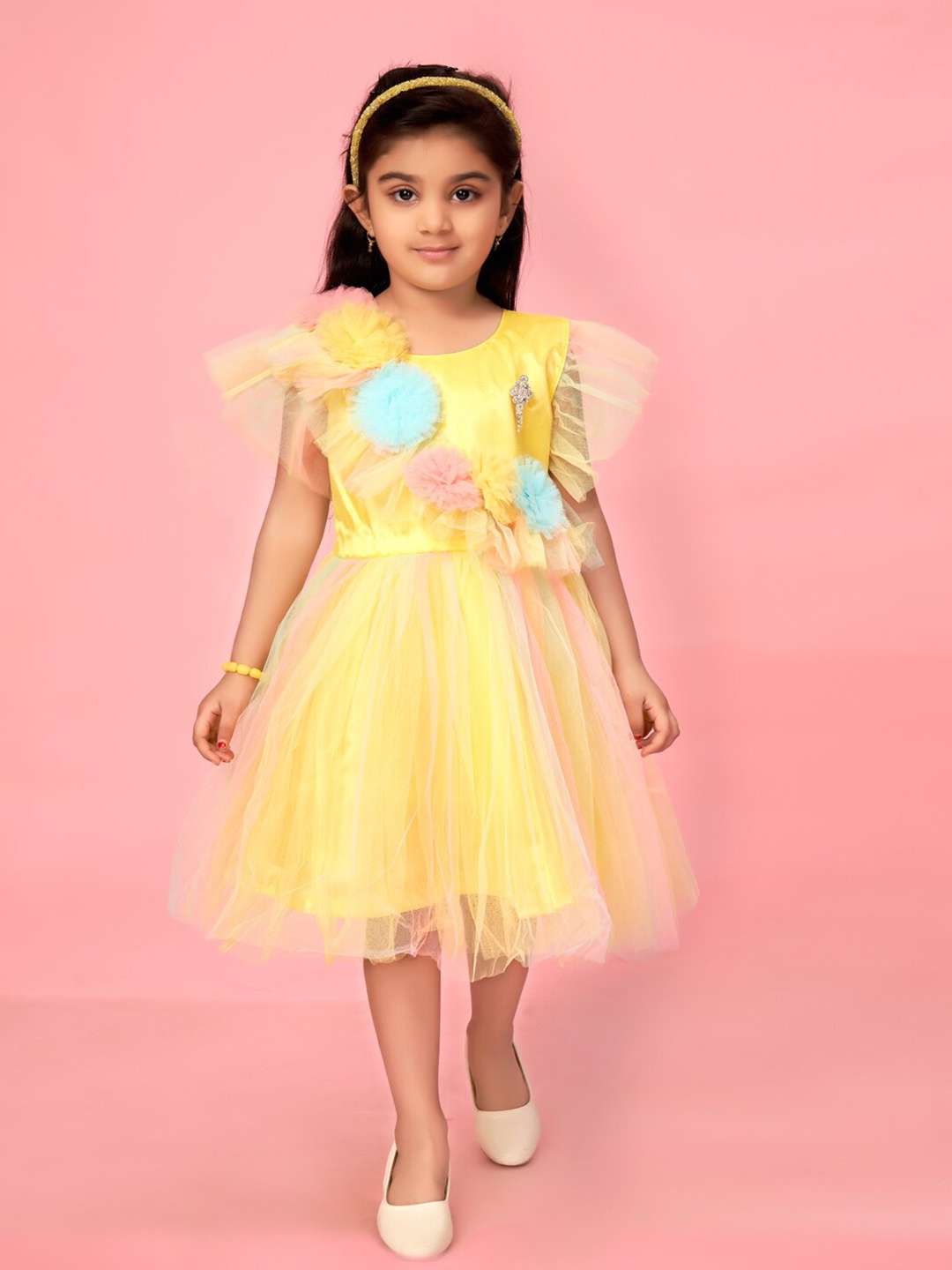 

BAESD Girls Flutter Sleeves Net Fit & Flare Dress, Yellow