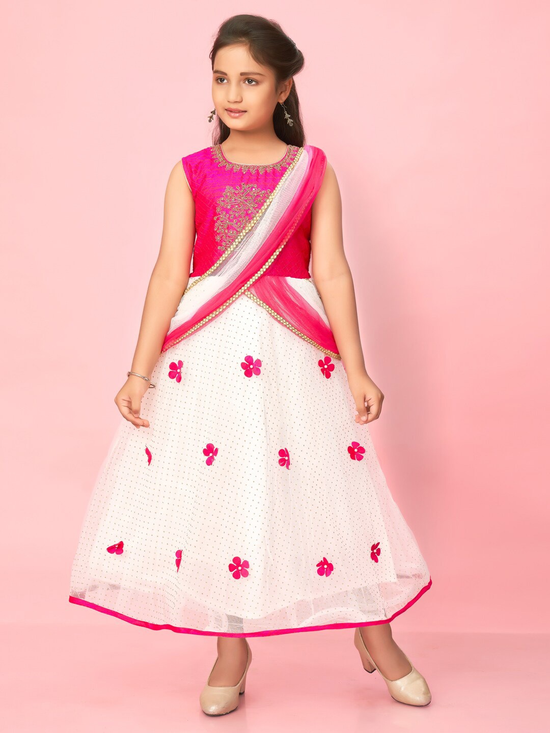 

BAESD Girls Self Design Sleeveless Net Maxi Dress, Pink