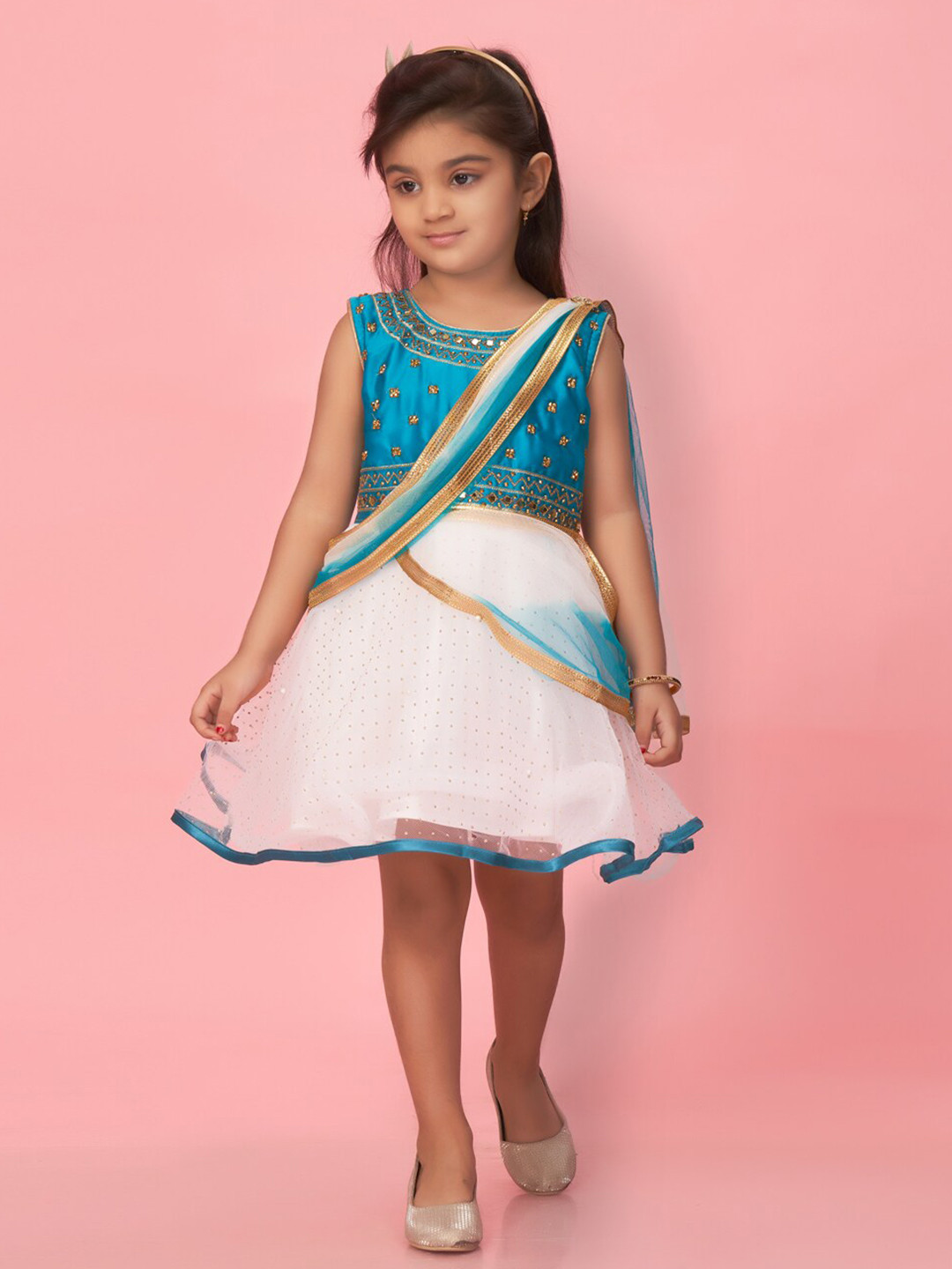 

BAESD Girls Embellished Saree Style Fit & Flare Dress, Blue