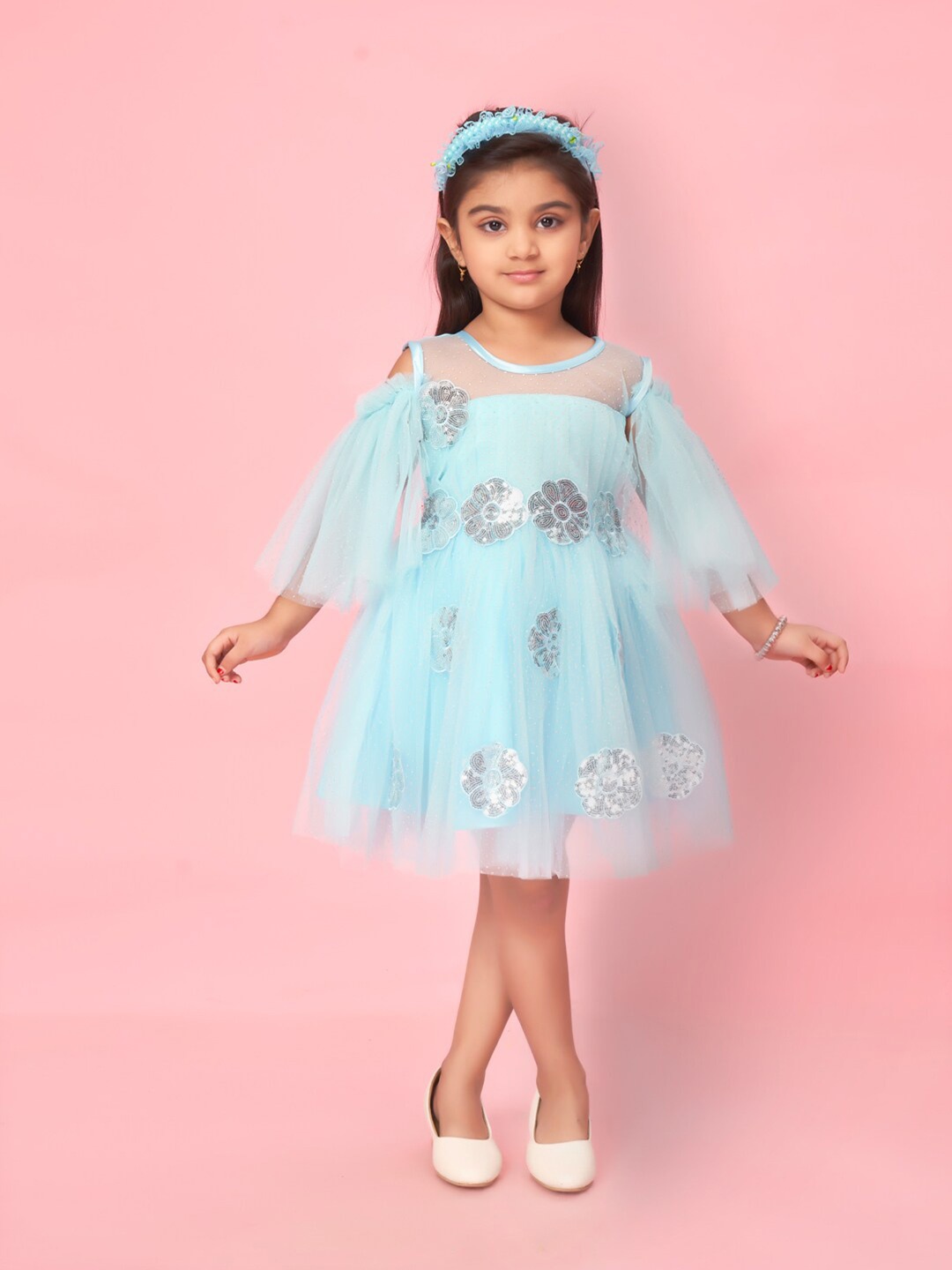 

BAESD Girls Embellished Flared Sleeve Net Fit & Flare Dress, Turquoise blue