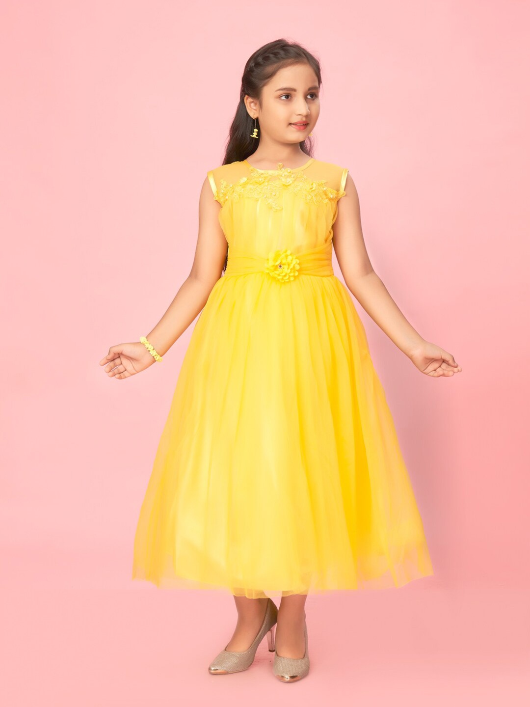 

BAESD Girls Net Maxi Dress With Gathers & Pleats, Yellow