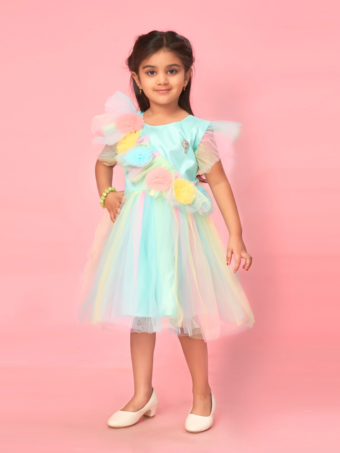 

BAESD Girls Floral Self Design Net Flutter Sleeves Fit & Flare Dress, Blue