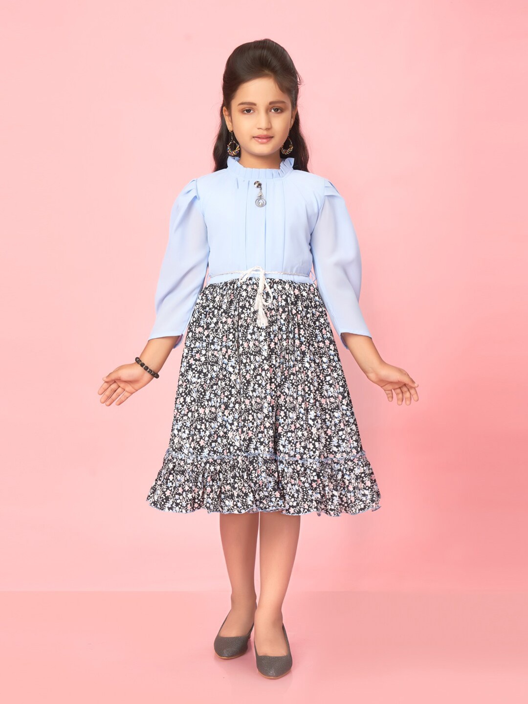 

BAESD Girls Pleat And Charm Detailed Georgette Fit & Flare Dress, Blue