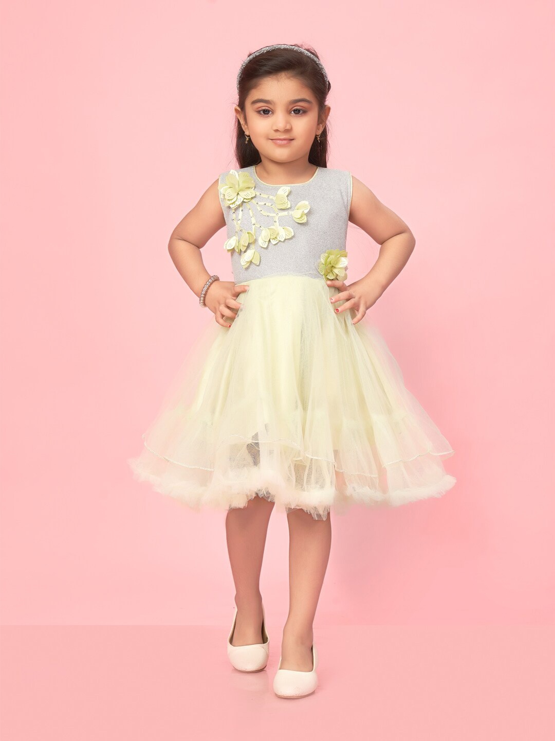 

BAESD Girls Floral Self Design Net Fit & Flare Dress, Grey