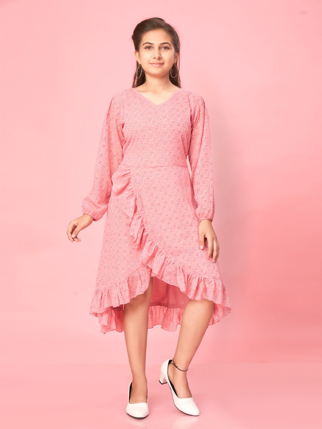 

BAESD Girls Georgette Ruffled A-Line Tulip Dress, Pink