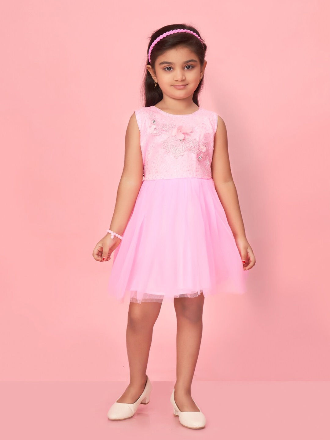 

BAESD Girls Self Design Net Sleeveless Fit & Flare Dress, Pink