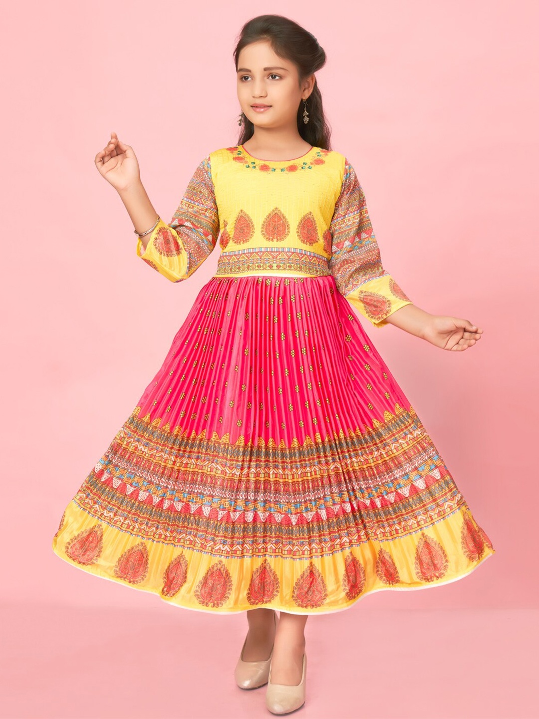 

BAESD Girls Ethnic Motifs Printed Fit & Flare Midi Dress, Pink