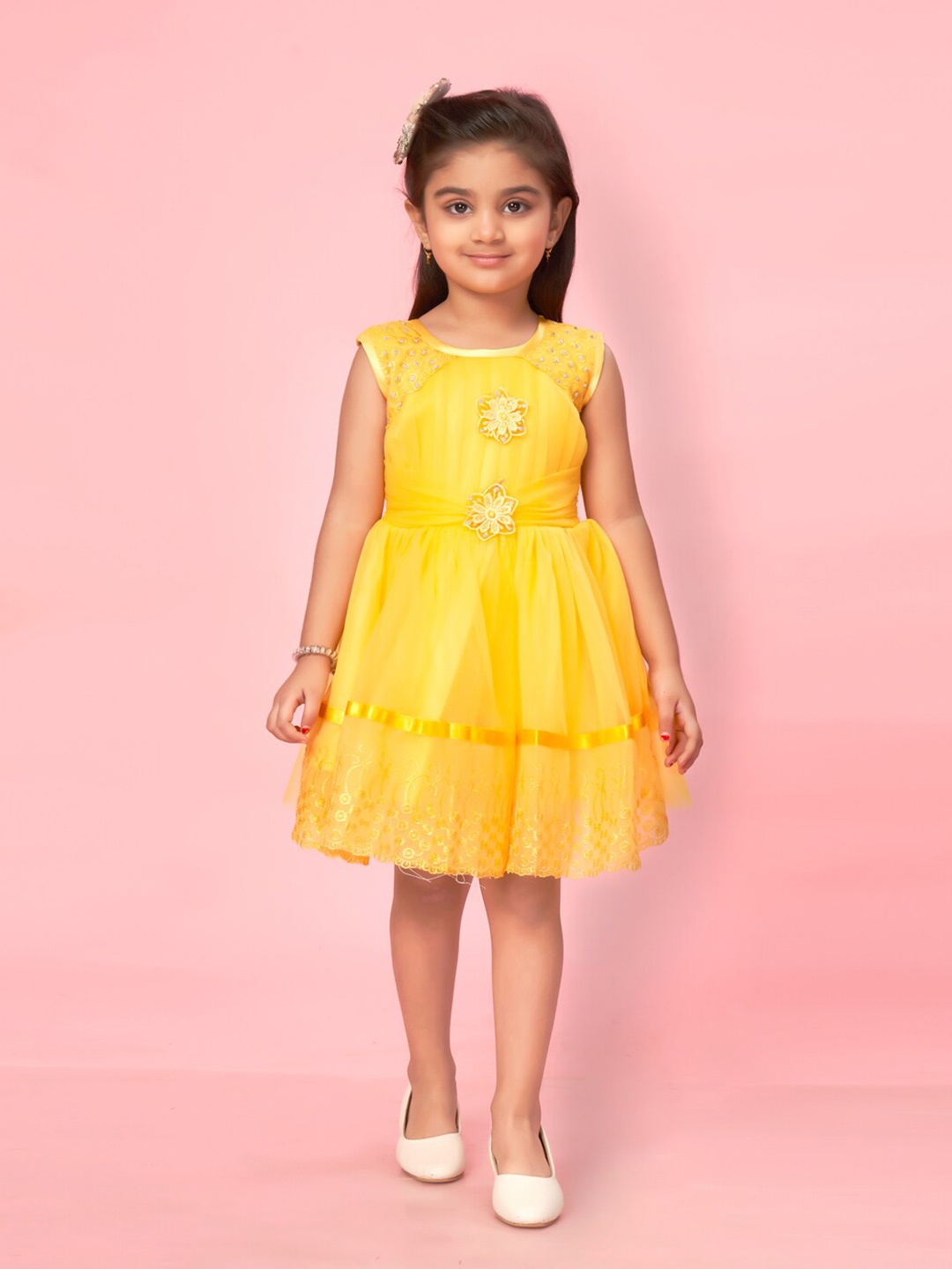 

BAESD Girls Self Design Round Neck Fit & Flare Dress, Yellow