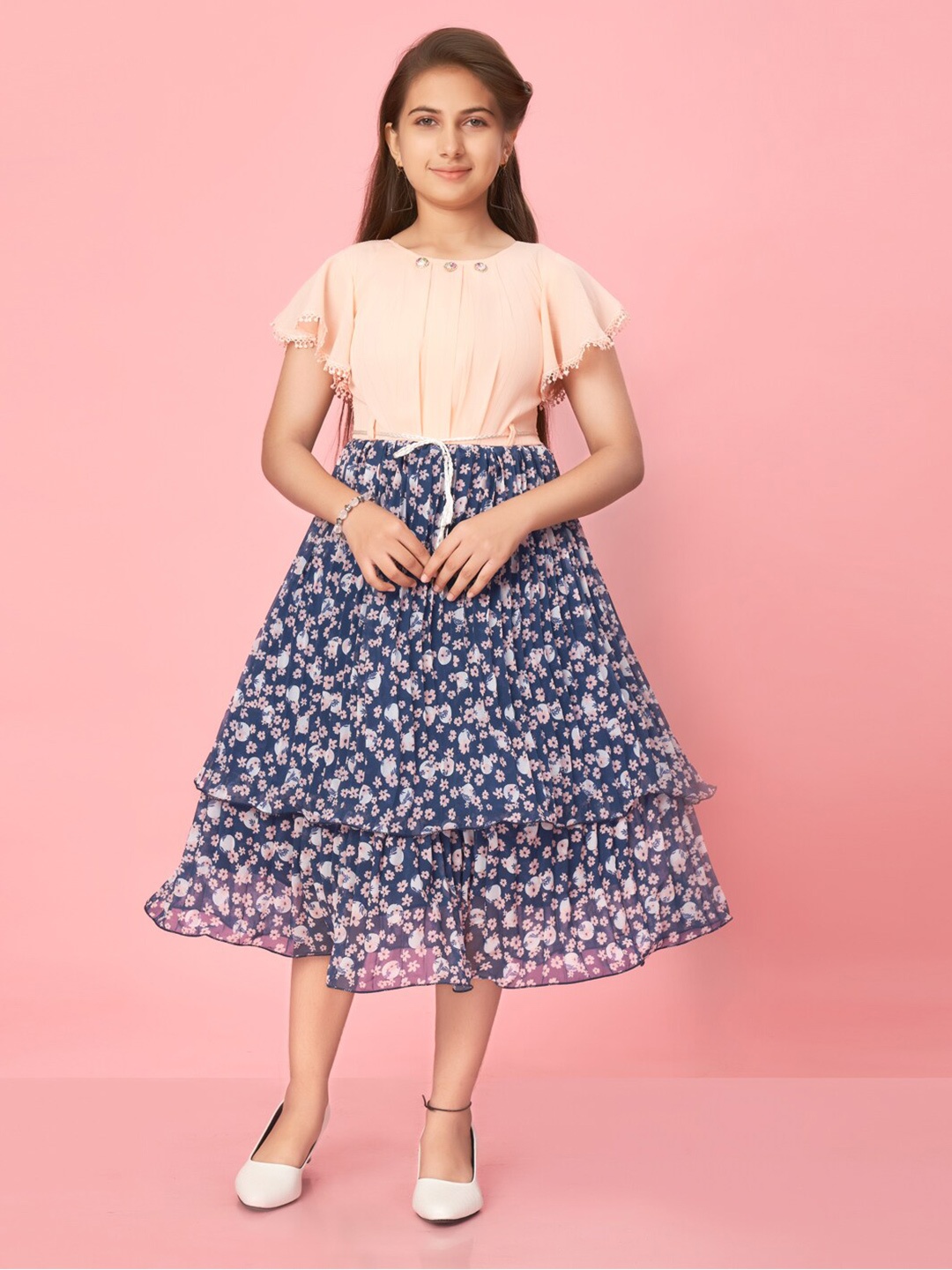 

BAESD Floral Printed Georgette Flutter Sleeves Fit & Flare Dress, Peach