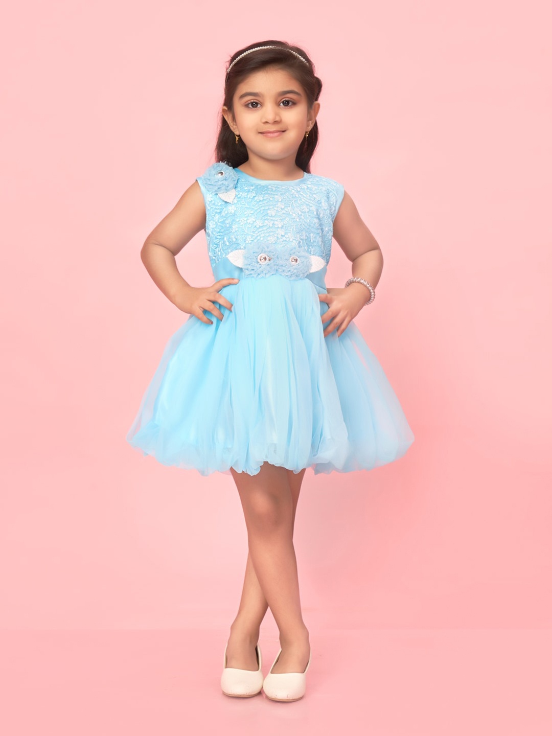 

BAESD Girls Self Design Balloon Dress, Turquoise blue
