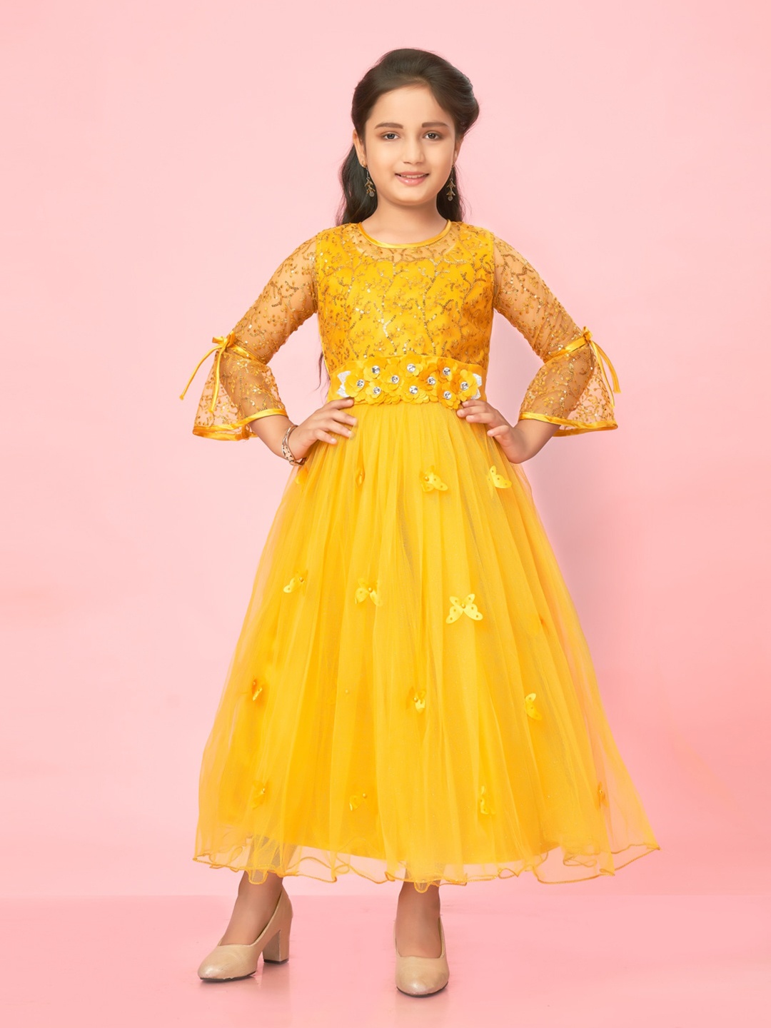

BAESD Girls Embellished Bell Sleeve Net Gown Maxi Dress, Yellow