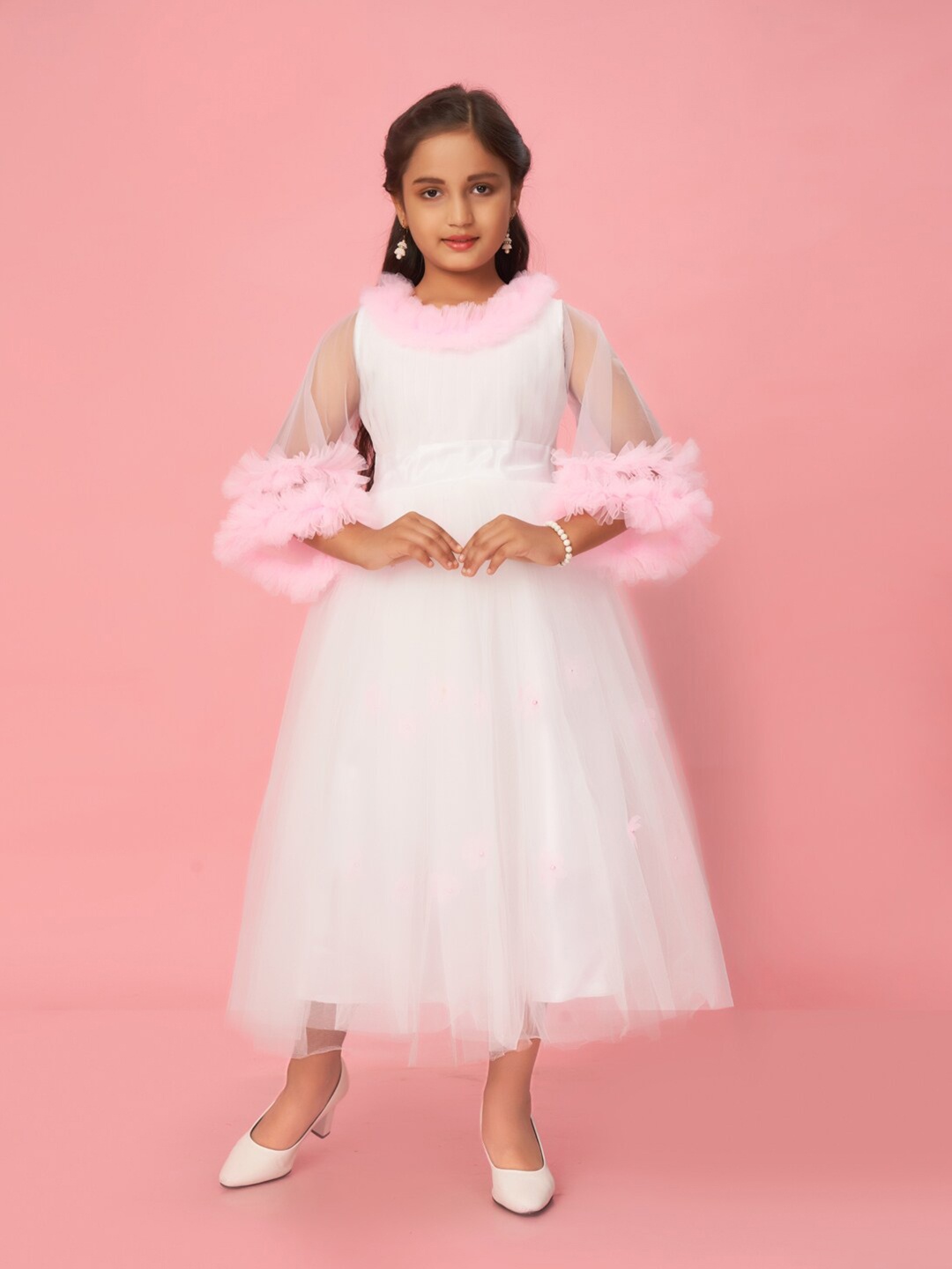 

BAESD Girls Round Neck Ruffled Fit & Flare Maxi Dress, White
