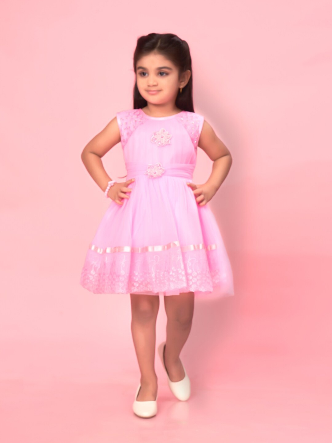 

BAESD Girls Floral Self Design Net Fit & Flare Dress, Pink