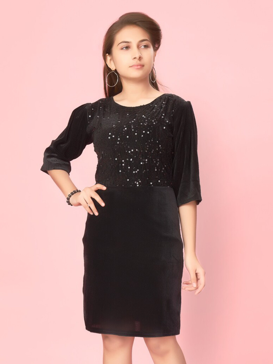 

BAESD Girls Embellished Velvet Puff Sleeves Sheath Dress, Black