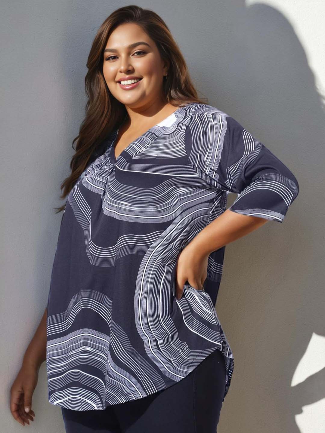 Amydus Plus Size Abstract Printed V-Neck Longline Top, Black