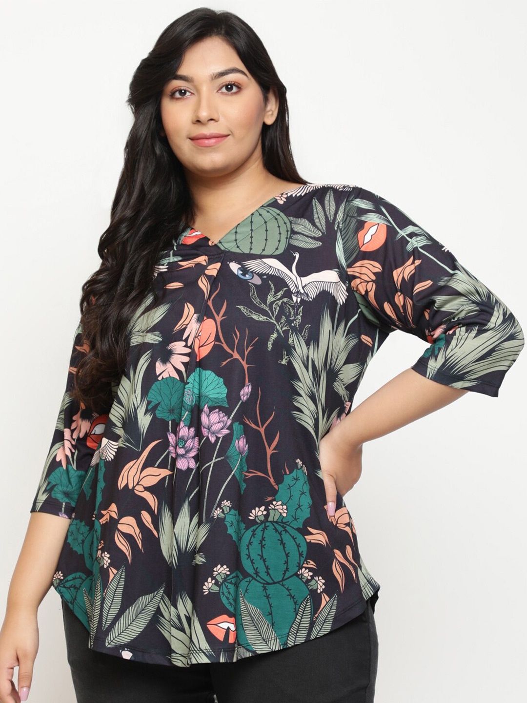 

Amydus Plus Size Tropical Printed V-Neck Longline Top, Black