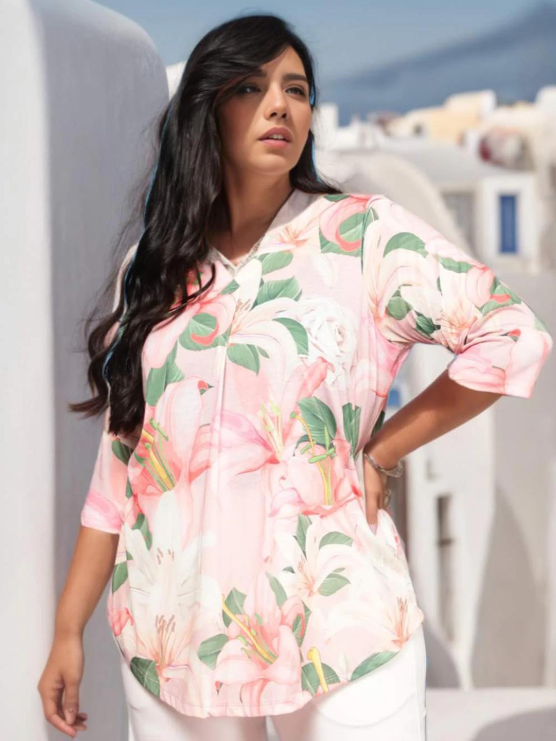 

Amydus Plus Size Floral Printed V-Neck Longline Top, Pink