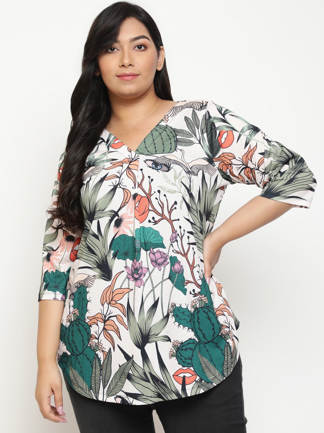 

Amydus Plus Size Tropical Printed V-Neck Longline Top, White