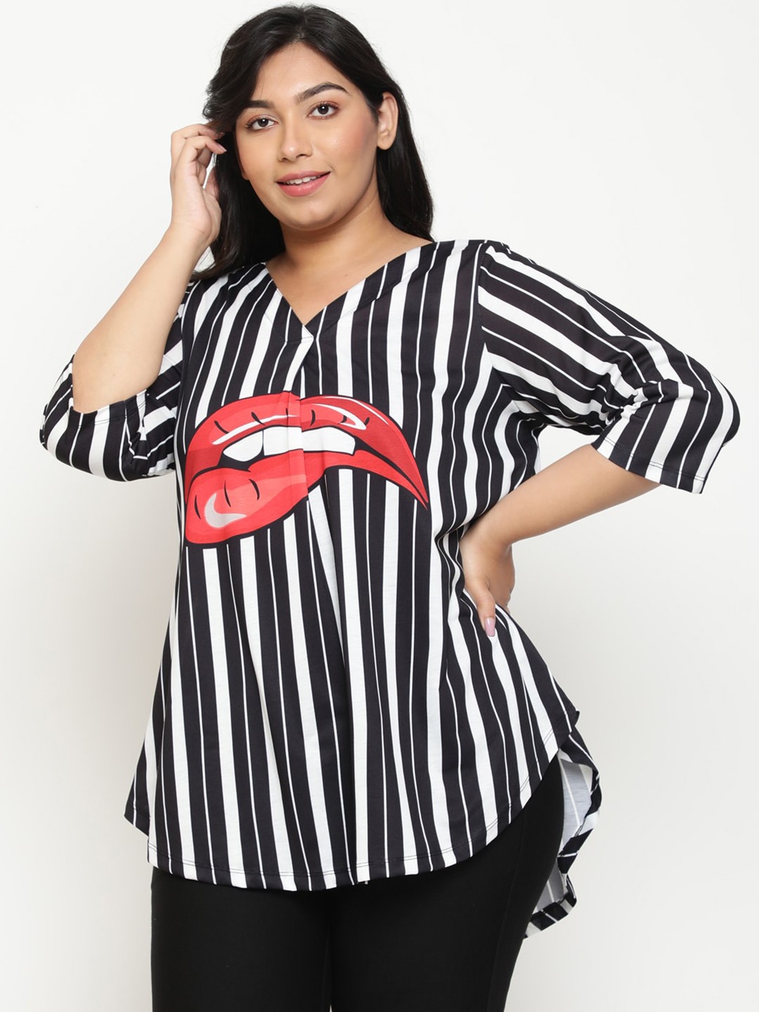 

Amydus Plus Size Striped V-Neck Longline Top, Black