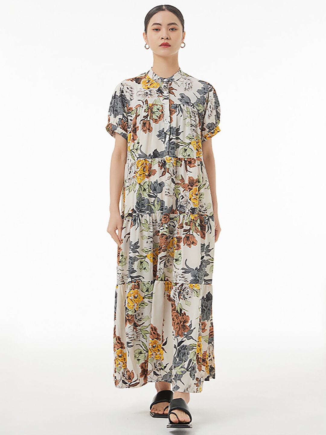 

JC Collection Mandarin collar Ethnic Motifs Print Maxi Dress, White