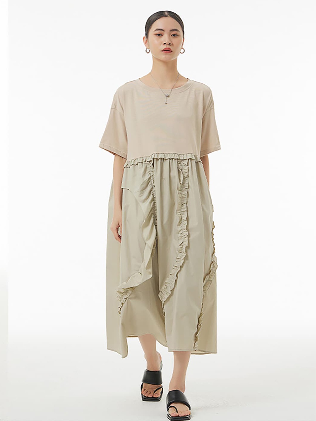 

JC Collection Round Neck Ruffles Pure Cotton A-Line Midi Dress, Beige