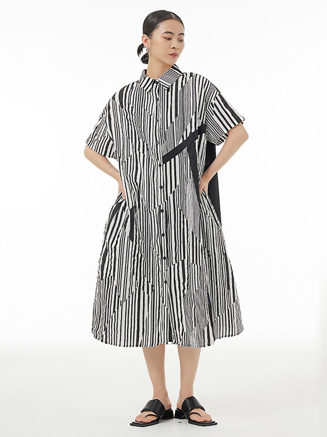 

JC Collection Striped Pure Cotton Shirt Midi Dress, Black