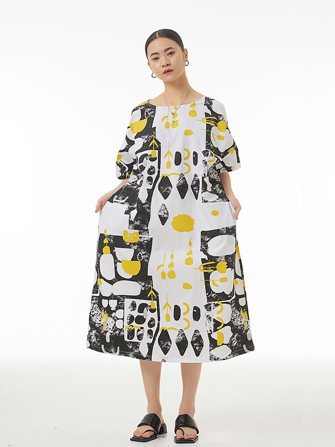 

JC Collection Conversational Printed Pure Cotton A-Line Midi Dress, White