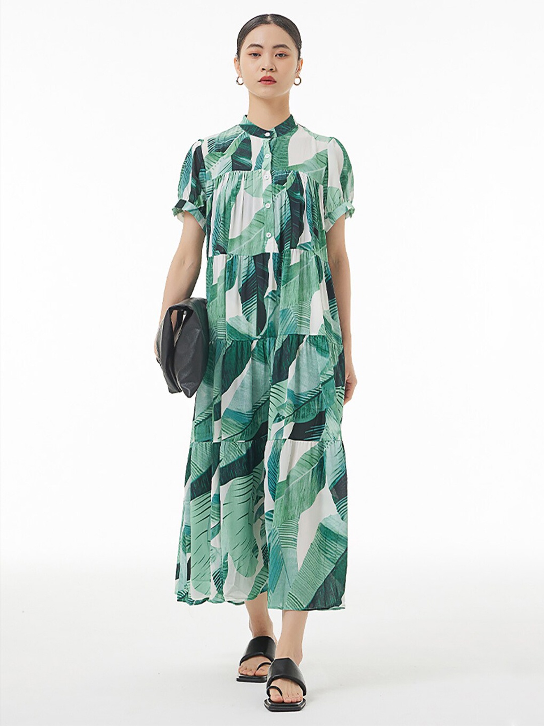 

JC Collection Tropical Printed Puff Sleeve Tiered A-Line Maxi Dress, Green