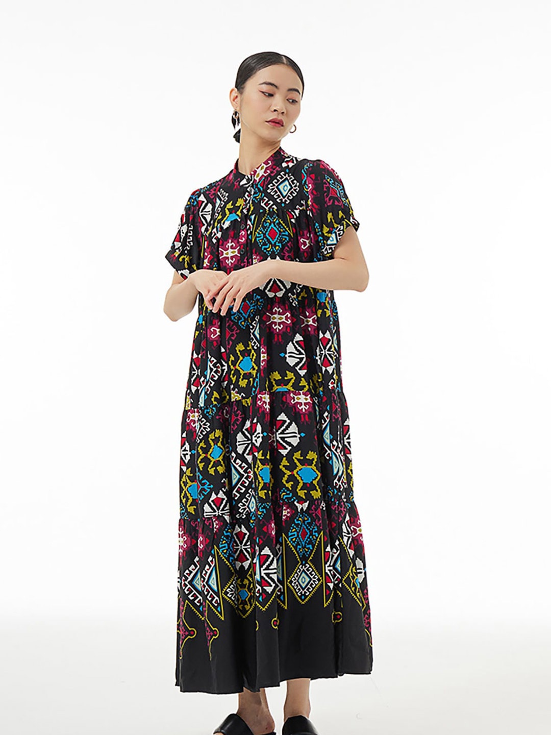 

JC Collection Mandarin Collar Floral Printed Maxi Dress, Black