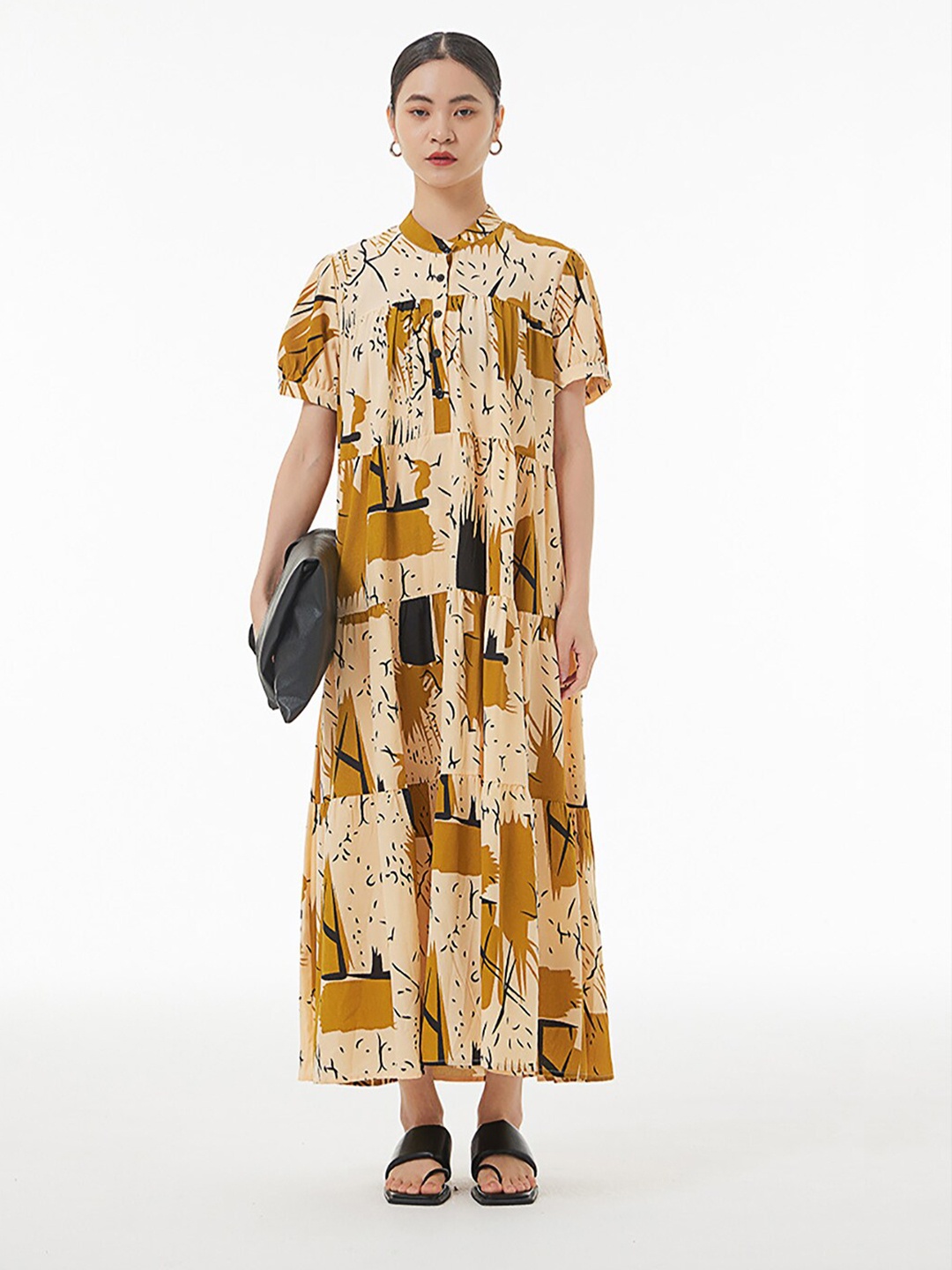 

JC Collection Mandarin Collar Abstract Printed A-Line Maxi Dress, Yellow