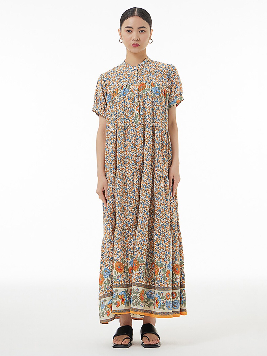 

JC Collection Mandarin Collar Puff Sleeves Floral Printed Maxi Dress, White