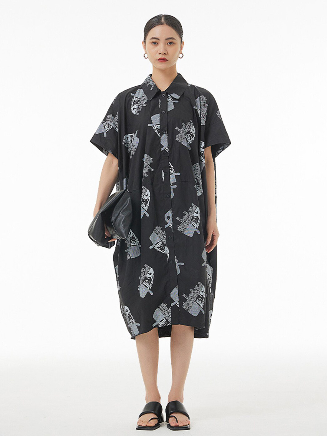 

JC Collection Conversational Printed Pure Cotton Shirt Midi Dress, Black