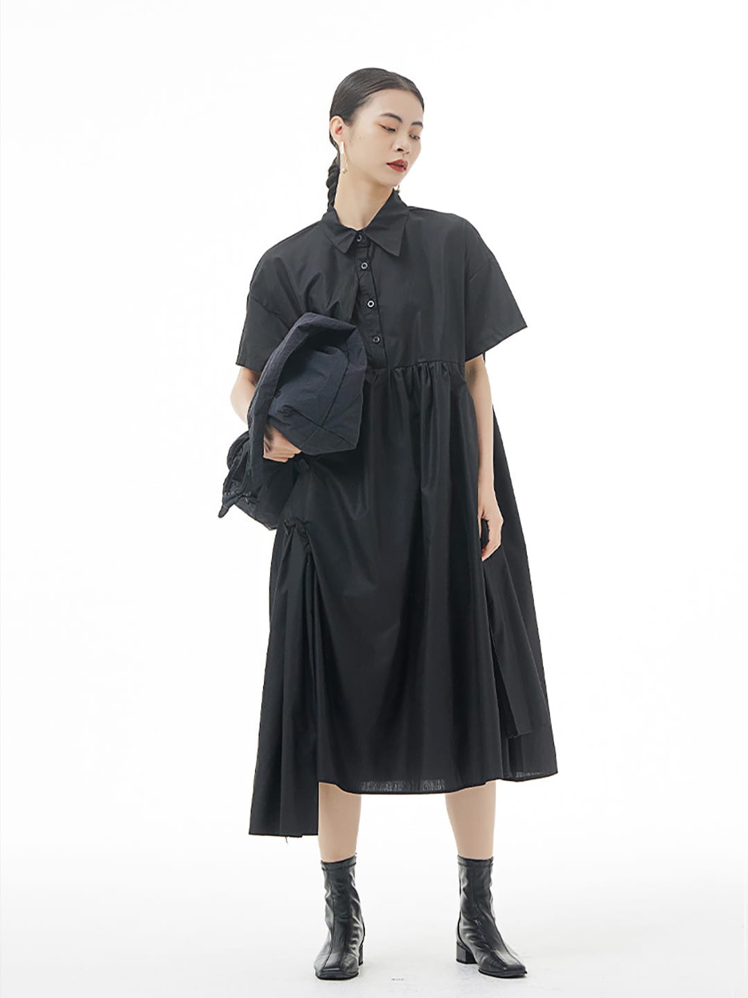 

JC Collection Shirt Collar Extended Sleeve Pure Cotton A-Line Midi Dress, Black