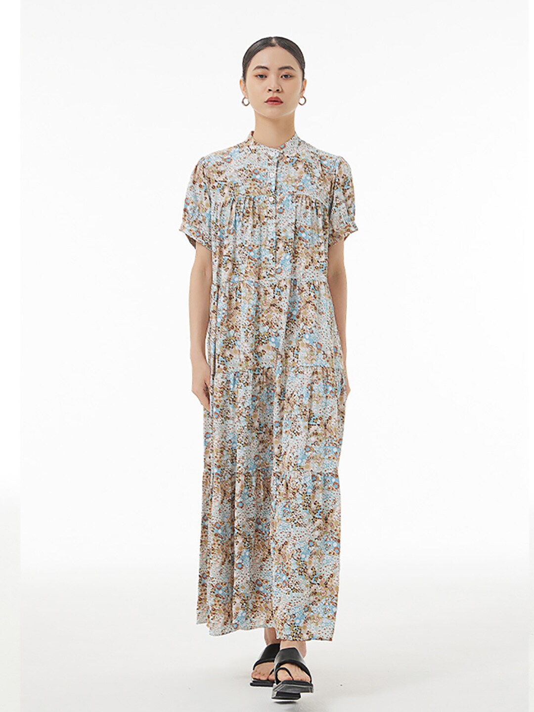 

JC Collection Mandarin Collar Floral Print Maxi Dress, Green