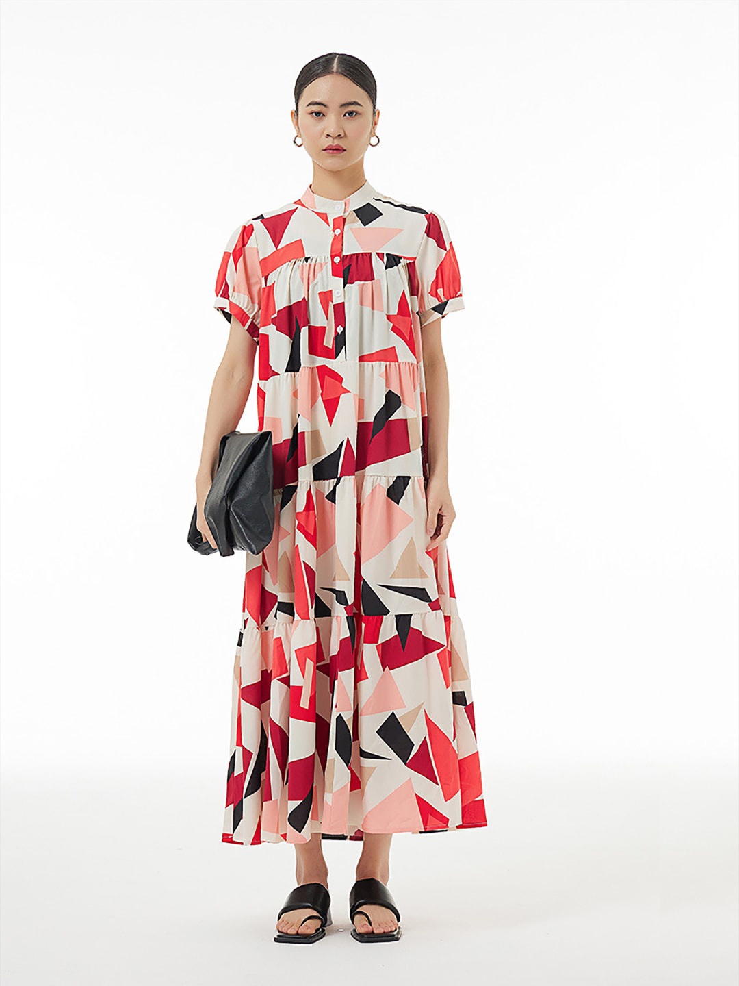 

JC Collection Mandarin Collar Geometric Printed Maxi Dress, Beige